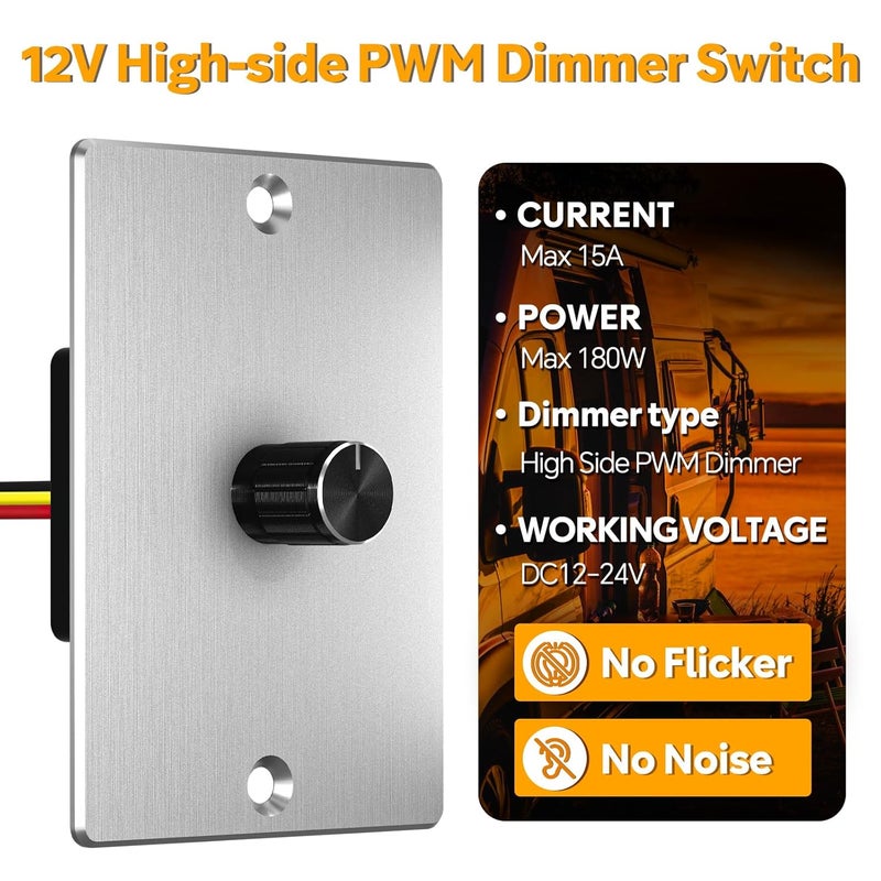 Obeaming 12 Volt PWM LED Dimmer Switch 15A 180W, Push On/Off, Rotary Knob Dimming,12V/24V Light Dimmer for RV Boat Truck Camper Van Trailer Light Fixture, LED Strip Lights (High Side, Silver Panel) - Image 3